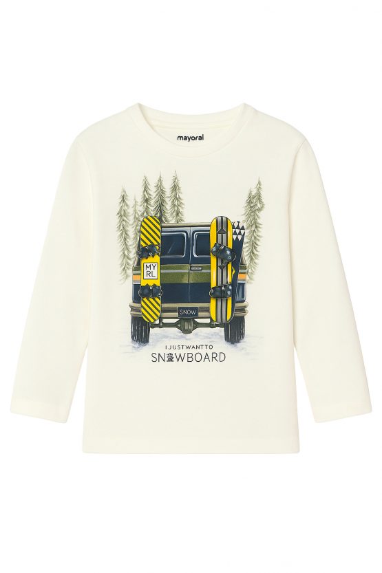 Mayoral Maglietta Manica Lunga Bambino 3-9 Anni – T-shirt Cotone Bianca con Stampa Snowboard