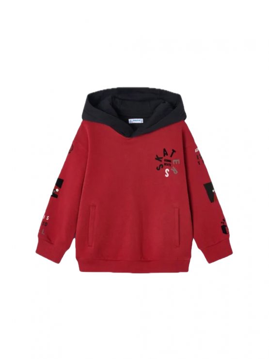 Felpa Bambino Cotone Poliestere con Cappuccio Rosso e Stampe Skate