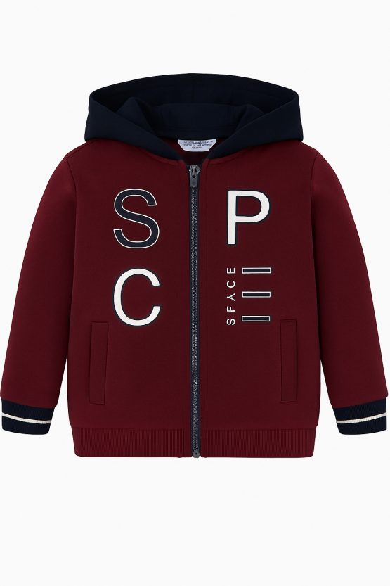 Felpa bambino cotone elastan con cappuccio Mayoral – Bordeaux con stampa SPACE