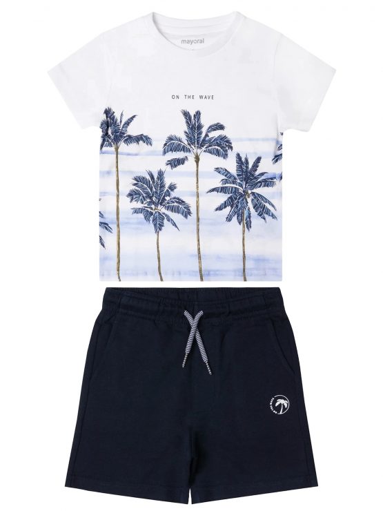 Completo bambino estivo: T‑shirt con palme e shorts blu