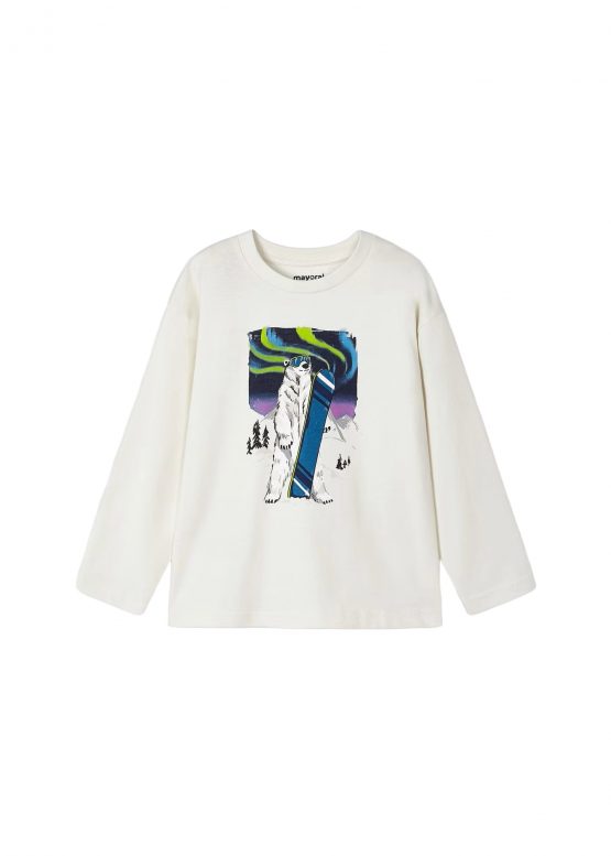 Mayoral T-shirt Bambino Manica Lunga – Orso Snowboard sotto l’Aurora | 100% Cotone | Taglie 3-9 anni