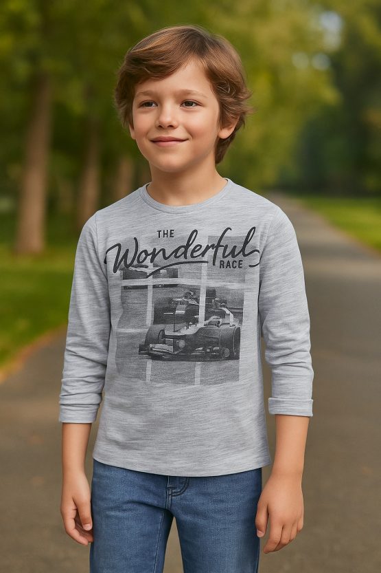 Maglietta Bambino Mayoral Manica Lunga Grigia con Stampa Auto da Corsa – The Wonderful Race