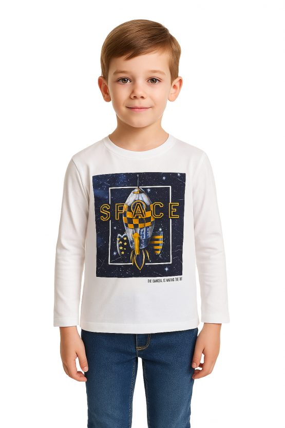 Mayoral T-shirt Bambino Space – Maglietta Bianca Manica Lunga in Cotone con Stampa Razzo Spaziale