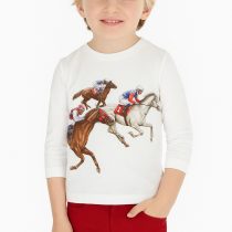 Mayoral Maglietta Bambino Maniche Lunghe Cotone Bianco con Stampa Cavalli e Fantini da Corsa