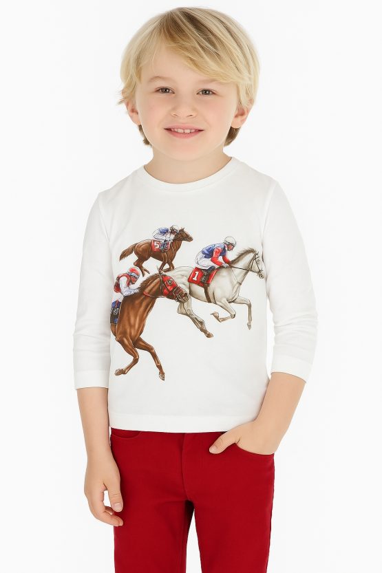 Mayoral Maglietta Bambino Maniche Lunghe Cotone Bianco con Stampa Cavalli e Fantini da Corsa