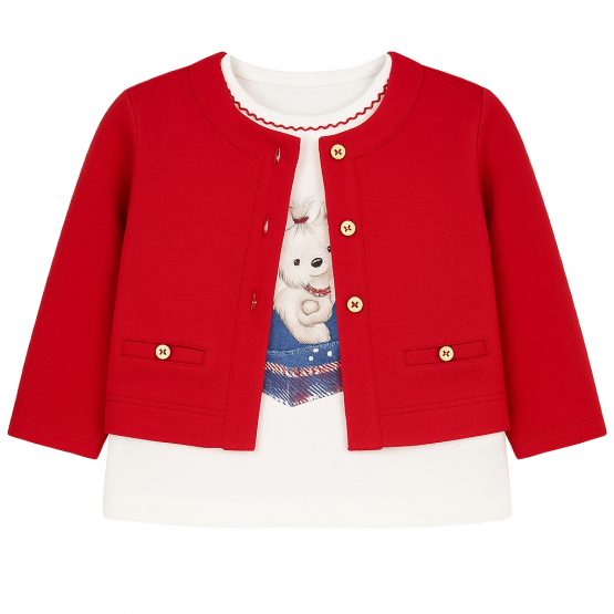 Mayoral Completo Twin Set Neonato Bambina 6–24 Mesi – Giacchina Rossa e Maglietta Bianca con Stampa Cagnolino